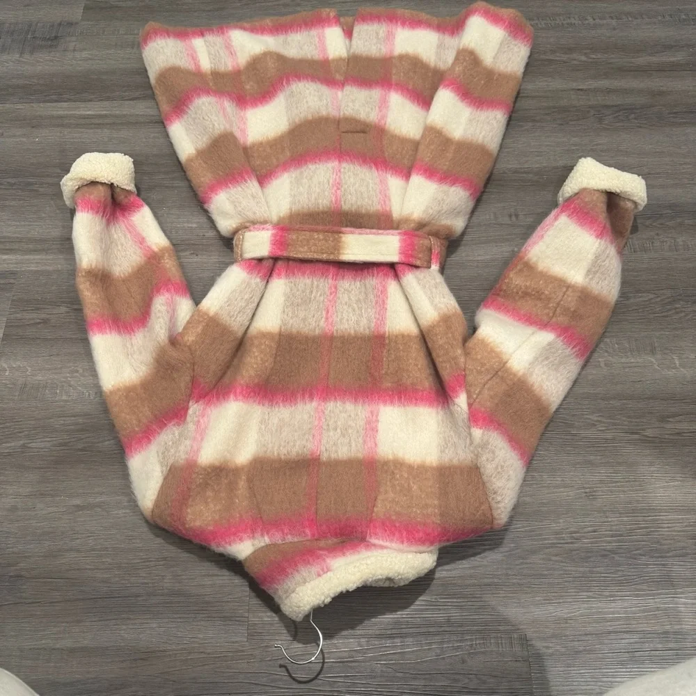 Kate Spade Belted Maxi Wool with Sherpa Detail Buffalo Plaid Coat